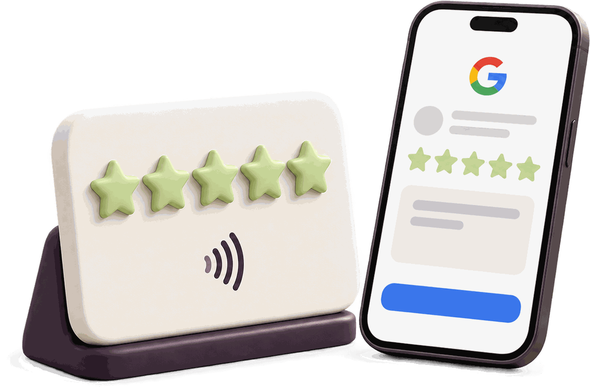 Conceptweergave van de Review Display naast een telefoon met een Google-reviewpagina